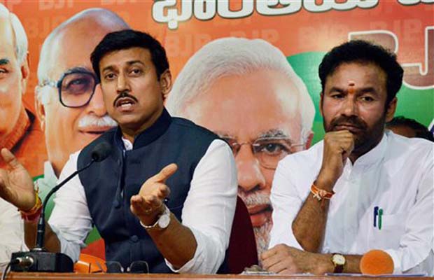 MoS for I & B Rajyavardhan Singh Rathore addressing the media at BJP State office in Hyderabad on Thursday. BJP State President G Kishan Reddy is also seen. (Photo PTI) MoS for I & B Rajyavardhan Singh Rathore addressing the media at BJP State office in Hyderabad on Thursday. BJP State President G Kishan Reddy is also seen. (Photo PTI)